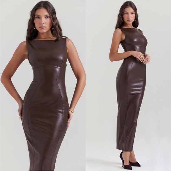 House of CB Dresses & Skirts - HOUSE OF CB 'Sahara' Cocoa Vegan Leather Maxi Dress NWOT